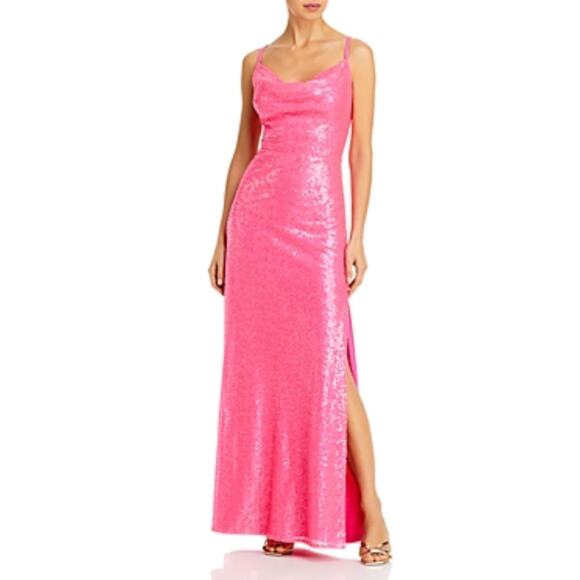 Pink Sequined Backless Evening Gown Size 12 Sleeveless Thigh Slit Formal by AQUA - Picture 9 of 11
